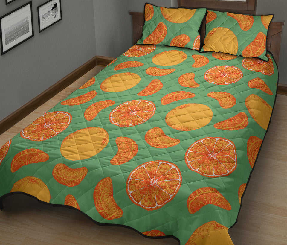 orange fruit pattern green background Quilt Bed Set