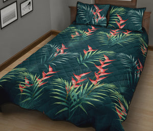 heliconia flowers, palm and monstera leaves on black background pattern Quilt Bed Set