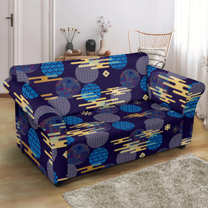 Blue Japanese Pattern Cloud Wave Flower Loveseat Couch Slipcover