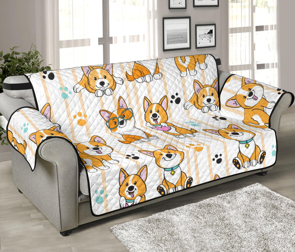 Cute dog corgi striped background pattern Sofa Cover Protector