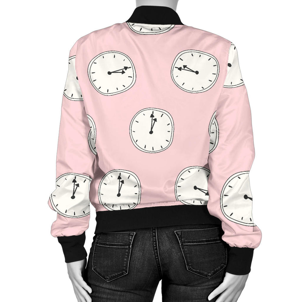 Clock Pattern Pink Blackground Women'S Bomber Jacket