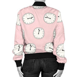 Clock Pattern Pink Blackground Women'S Bomber Jacket