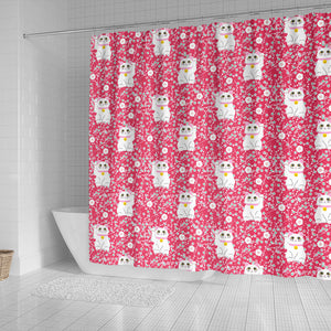 Maneki Neko Lucky Cat Sakura Pink Background Shower Curtain Fulfilled In US