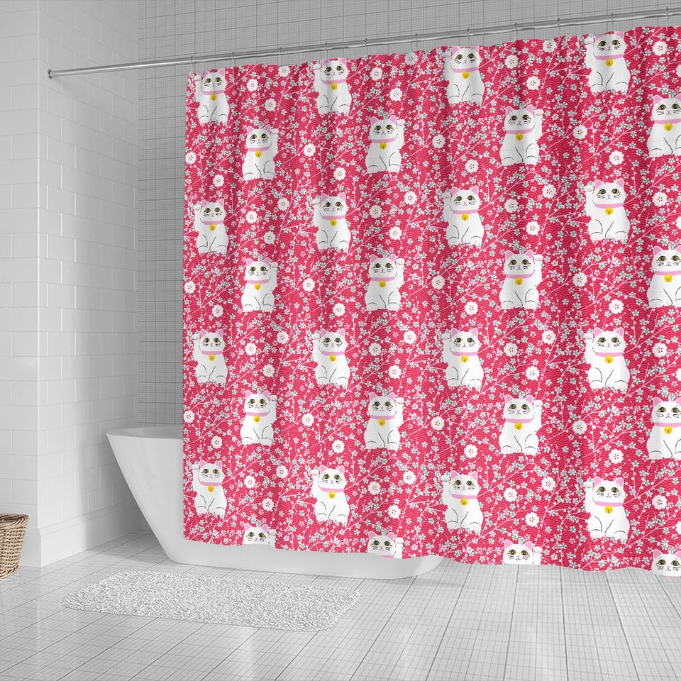 Maneki Neko Lucky Cat Sakura Pink Background Shower Curtain Fulfilled In US
