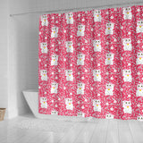 Maneki Neko Lucky Cat Sakura Pink Background Shower Curtain Fulfilled In US
