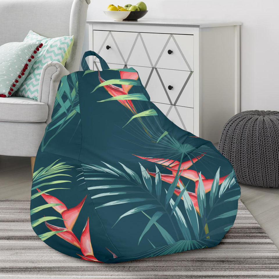 Heliconia Flowers, Palm And Monstera Leaves On Black Background Pattern Bean Bag Cover
