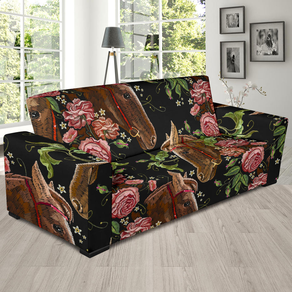 Horse Head Wild Roses Pattern Sofa Slipcover