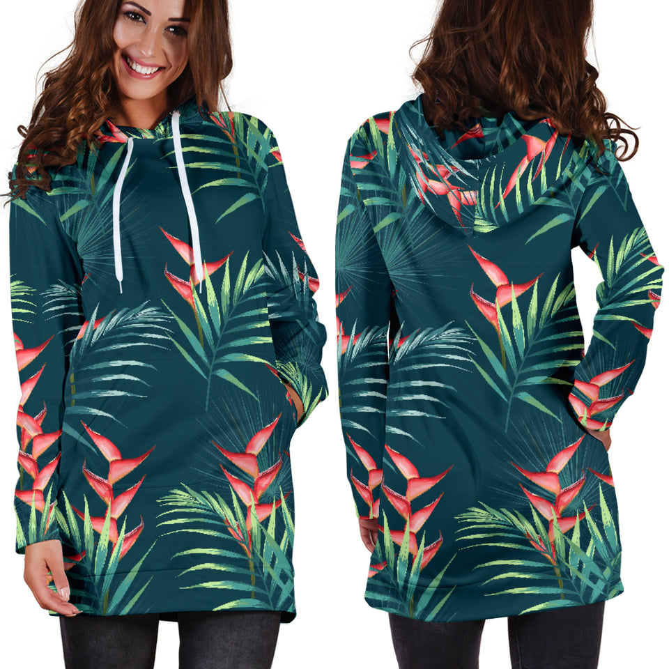 Heliconia Flowers, Palm And Monstera Leaves On Black Background Pattern Women'S Hoodie Dress