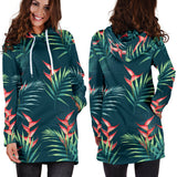 Heliconia Flowers, Palm And Monstera Leaves On Black Background Pattern Women'S Hoodie Dress