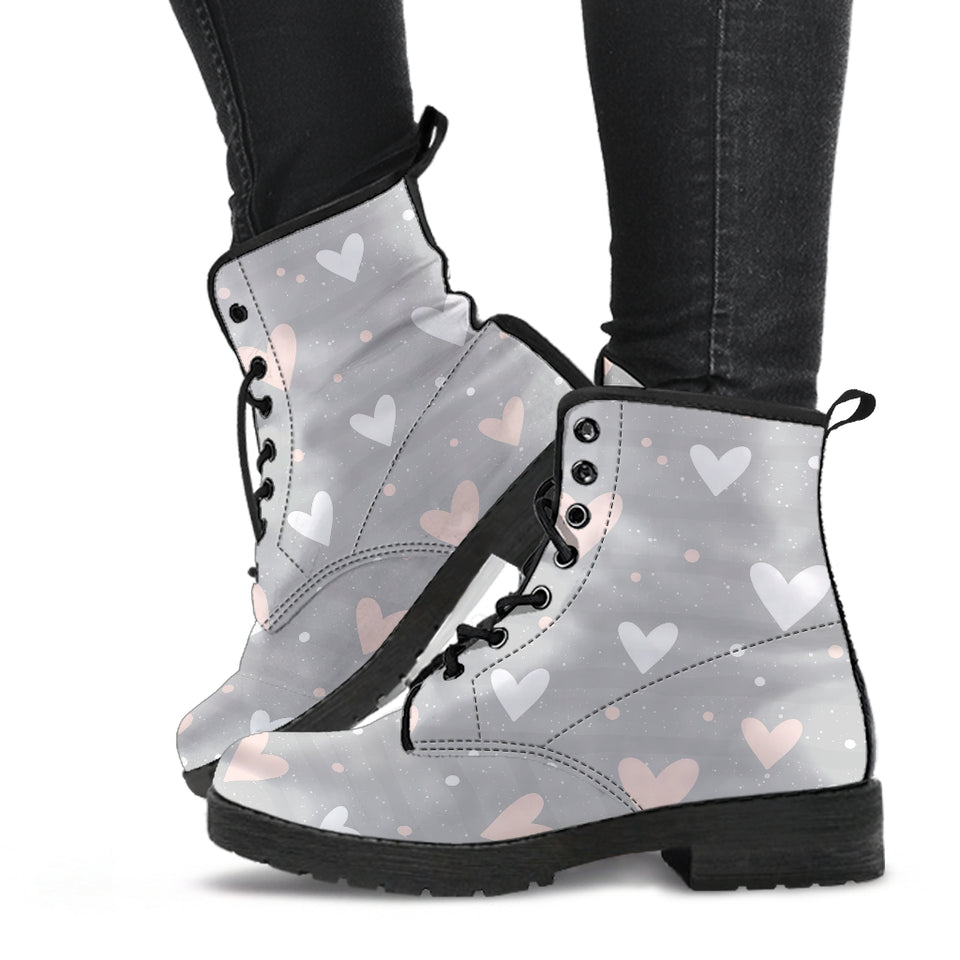 Heart Pattern Gray Background Leather Boots