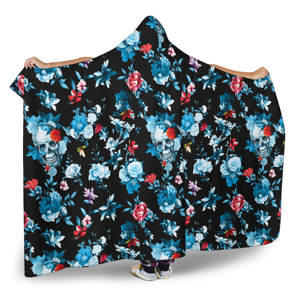 Skull Flower Roses Leave Pattern Hooded Blanket