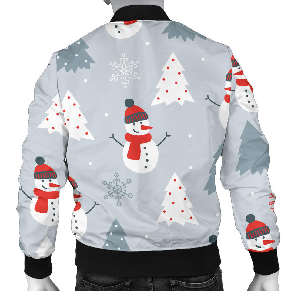 Snowman Christmas  Tree Snow Gray Background Men'S Bomber Jacket