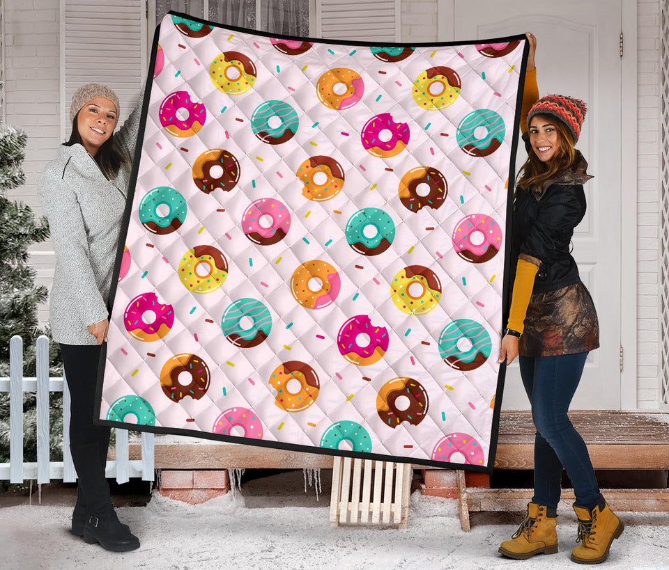 Donut Pattern Glaze Pink Background Premium Quilt