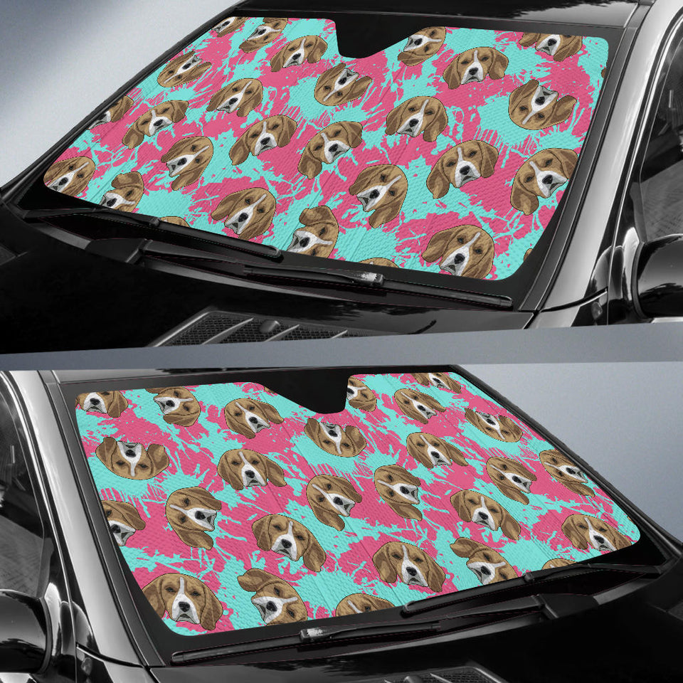 Beagle Muzzles Turquoise Paint Splashes Pink Pattern Car Sun Shade