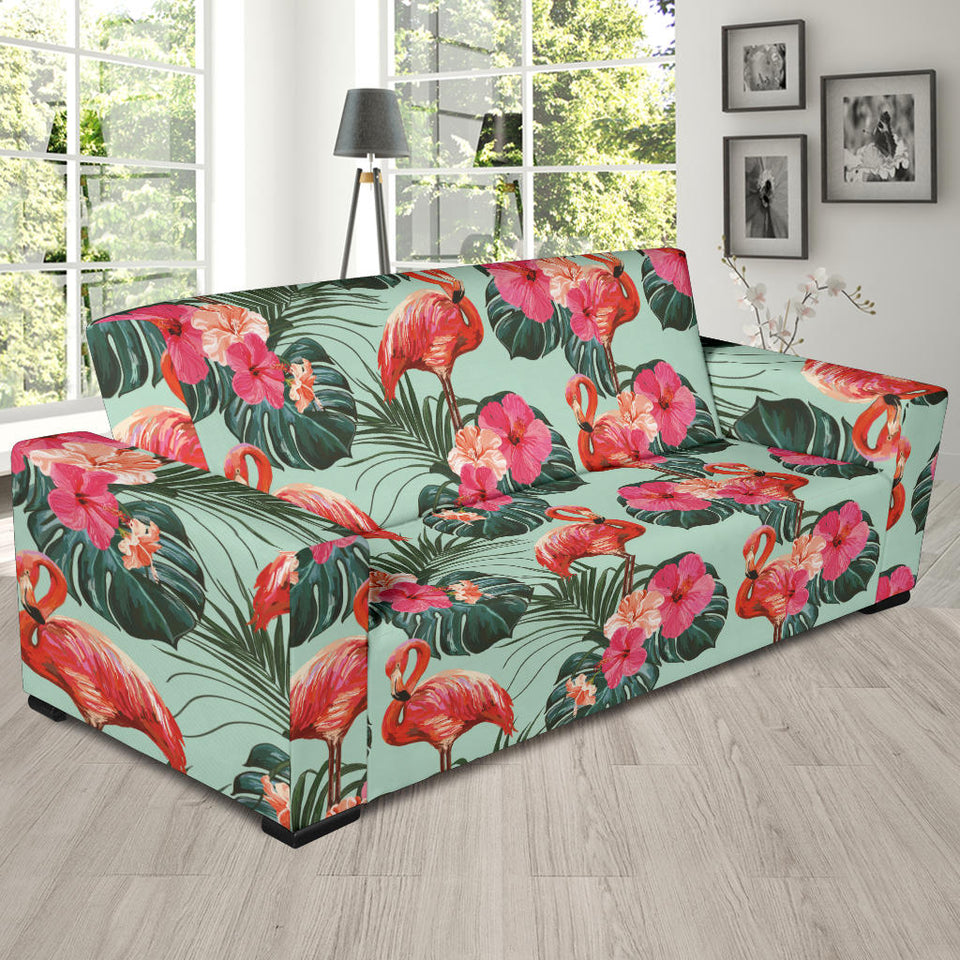 Beautiful Flamingo Tropical Palm Leaves Hibiscus Pateern Background Sofa Slipcover