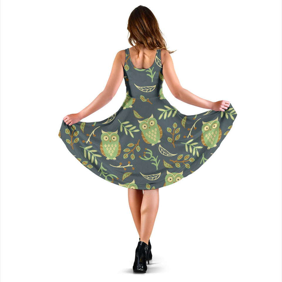 Cute Owls Leaves Pattern Sleeveless Midi Dress