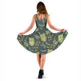 Cute Owls Leaves Pattern Sleeveless Midi Dress