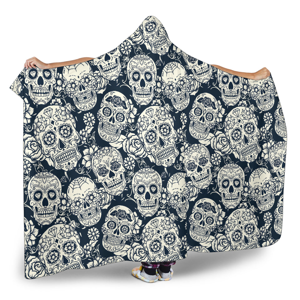 Sugar Skull Black White Pattern Hooded Blanket