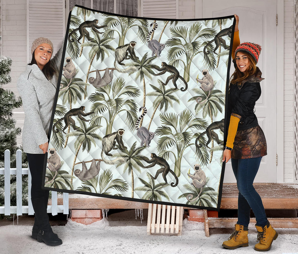Monkey Sloth Lemur Palm Trees Pattern Premium Quilt