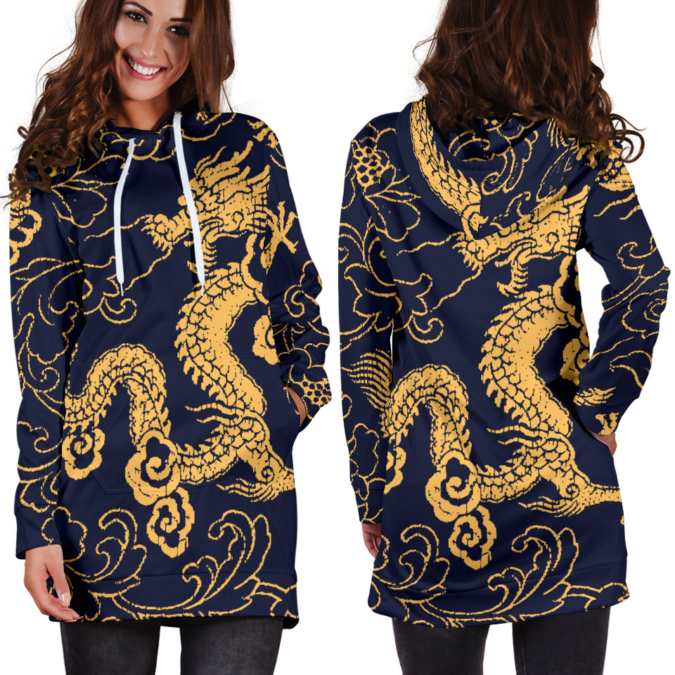 Gold Dragon Pattern Women'S Hoodie Dress