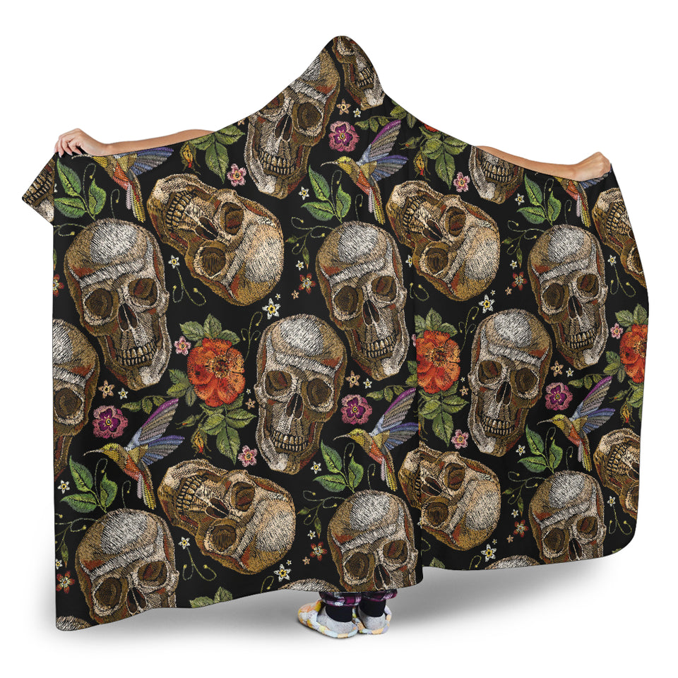 Skull Rose Humming Bird Flower Pattern Hooded Blanket