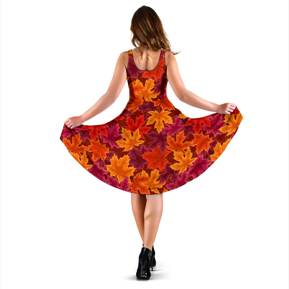 Autumn Maple Leaf Pattern Sleeveless Midi Dress