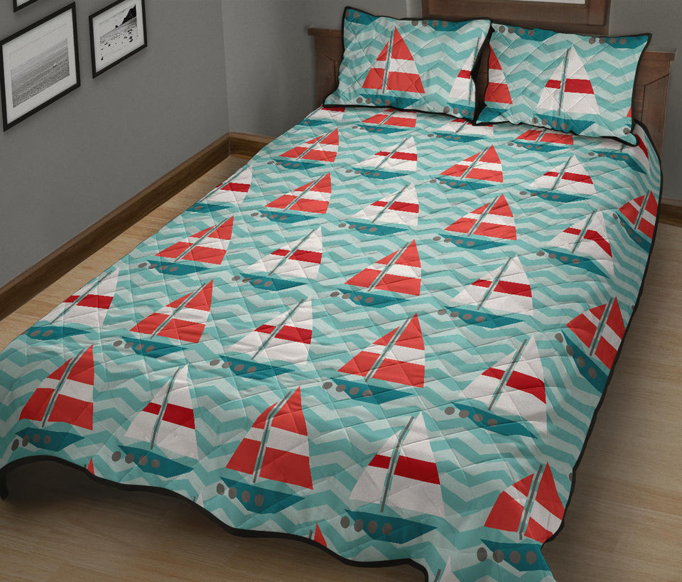 Red White sailboat wave background Quilt Bed Set