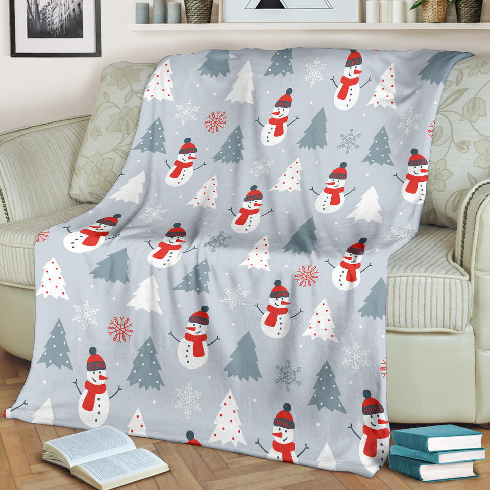 Snowman Christmas  Tree Snow Gray Background Premium Blanket
