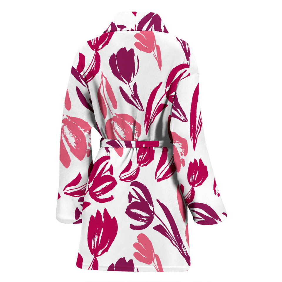 Pink Sketch Tulip Pattern Women'S Bathrobe