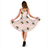 Cute Bee Flower Pattern Pink Background Sleeveless Midi Dress
