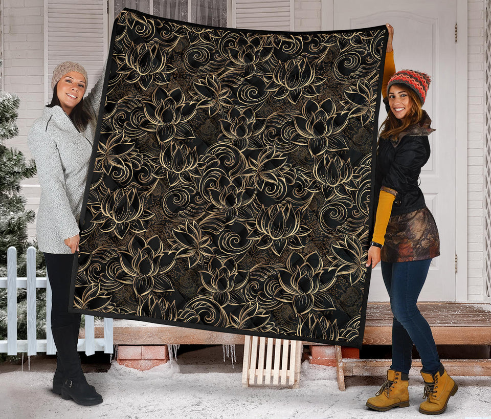 Luxurious Gold Lotus Waterlily Black Background Premium Quilt