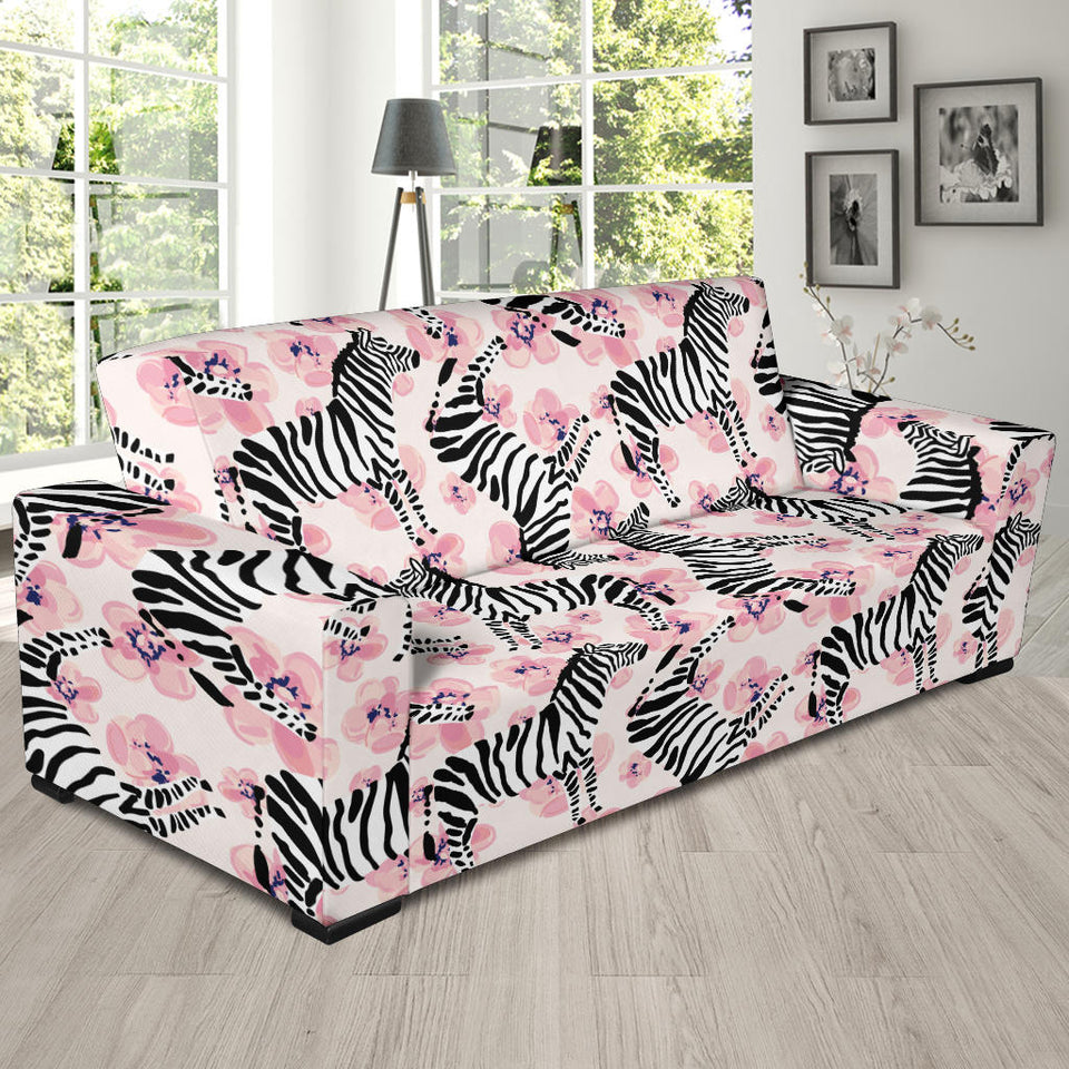Zebra Pink Flower Background Sofa Slipcover