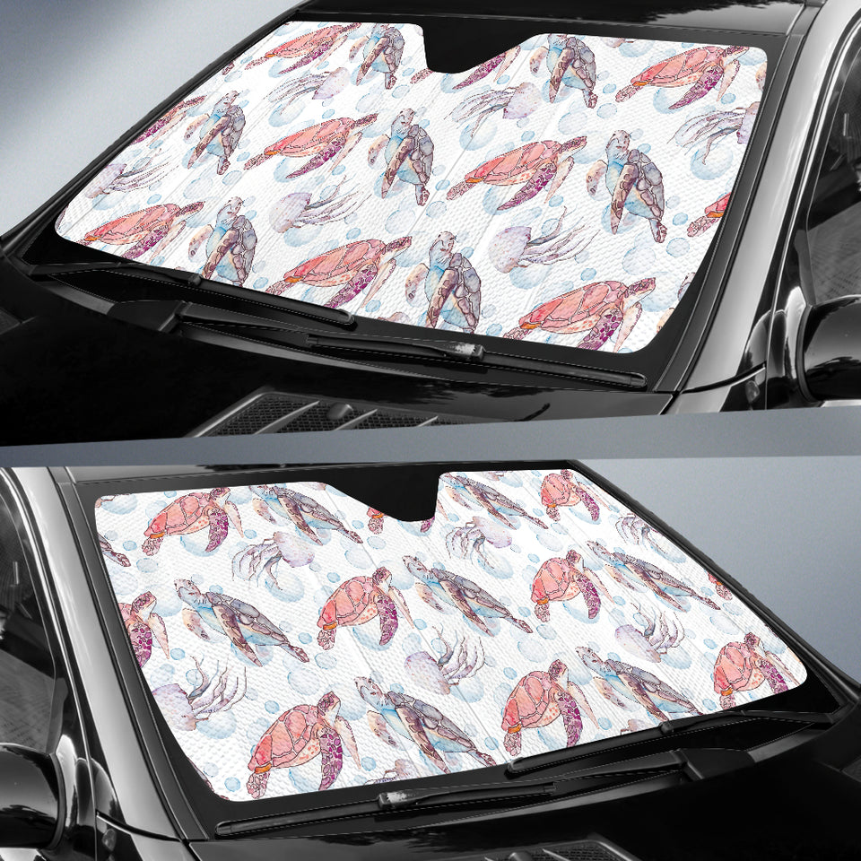 Watercolor Sea Turtle Jellyfish Pattern Car Sun Shade