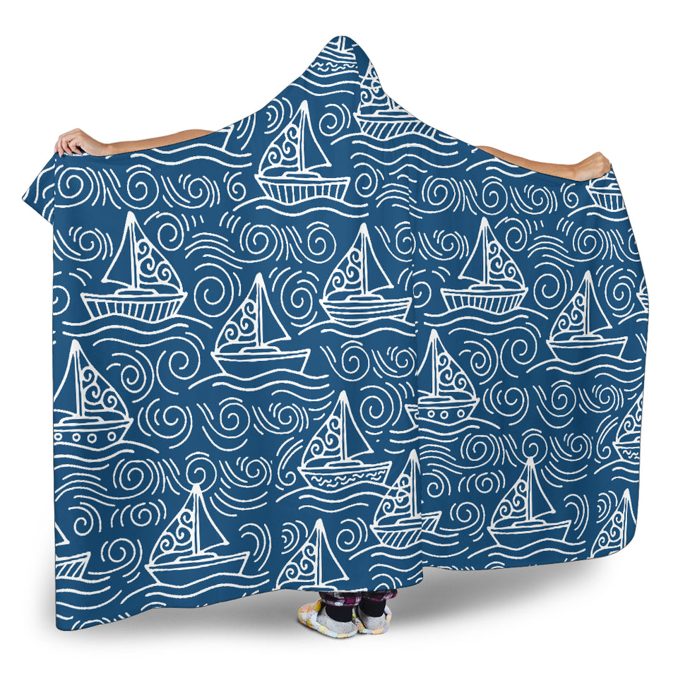 Hand Drawn Sailboat Pattern Hooded Blanket