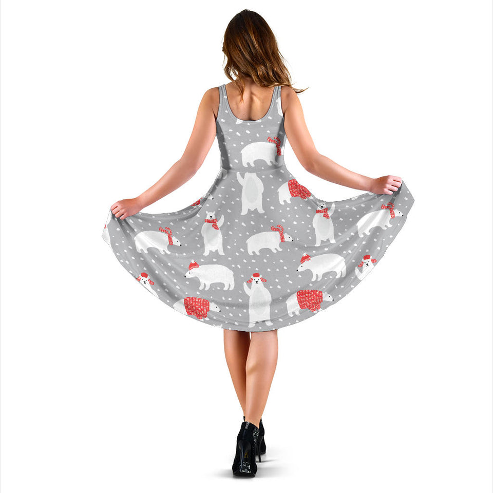 Cute Polar Bear Christmas Snow Pattern Sleeveless Midi Dress