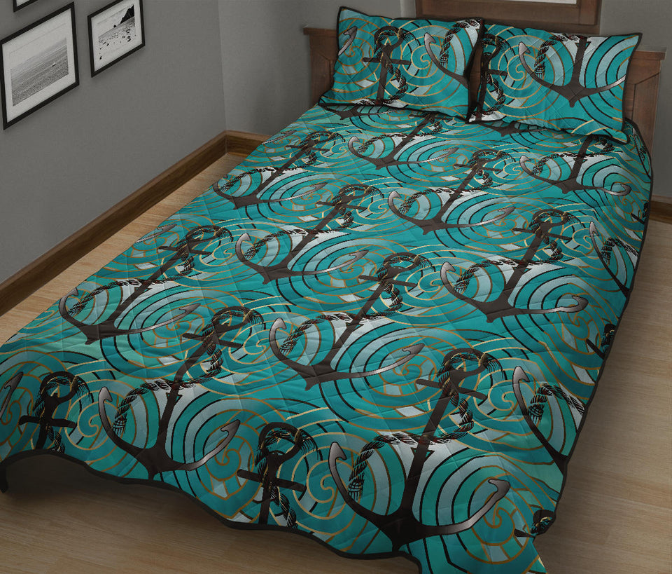 Anchor nautical green background Quilt Bed Set