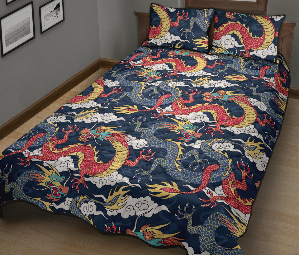 Blue red dragon cloud pattern Quilt Bed Set