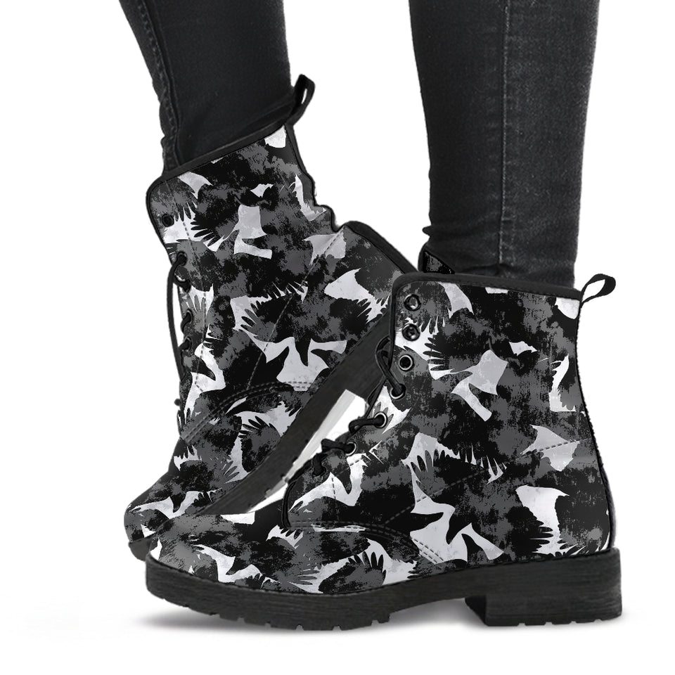 Crow Illustration Pattern Leather Boots