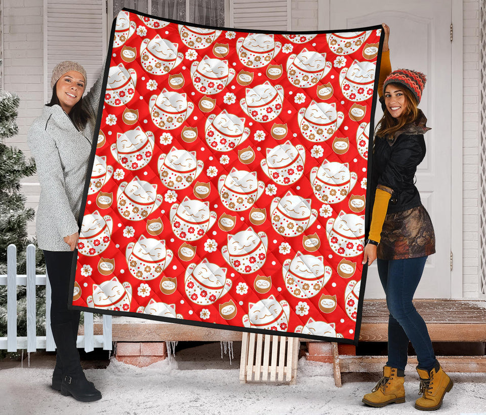 Cute Maneki Neko Lucky Cat Red Background Premium Quilt