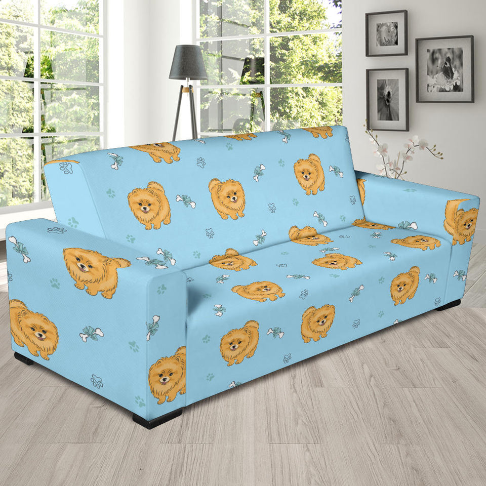 Brown Cute Pomeranian Blue Blackground Sofa Slipcover
