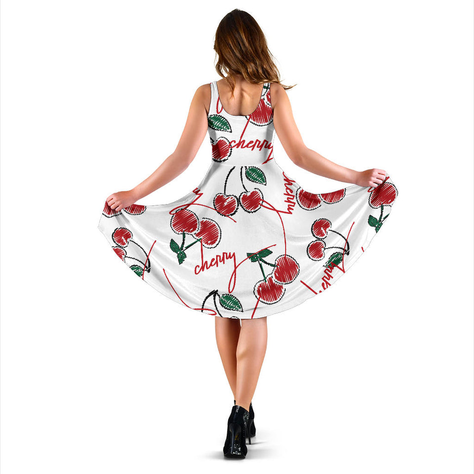 Hand Drawn Cherry Pattern Sleeveless Midi Dress