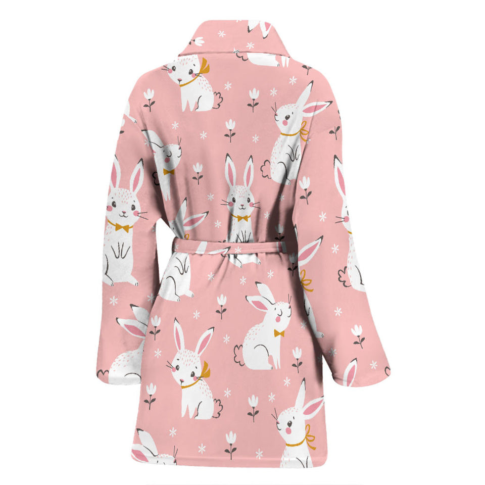 Cute White Rabbit Flower Pink Background Women'S Bathrobe