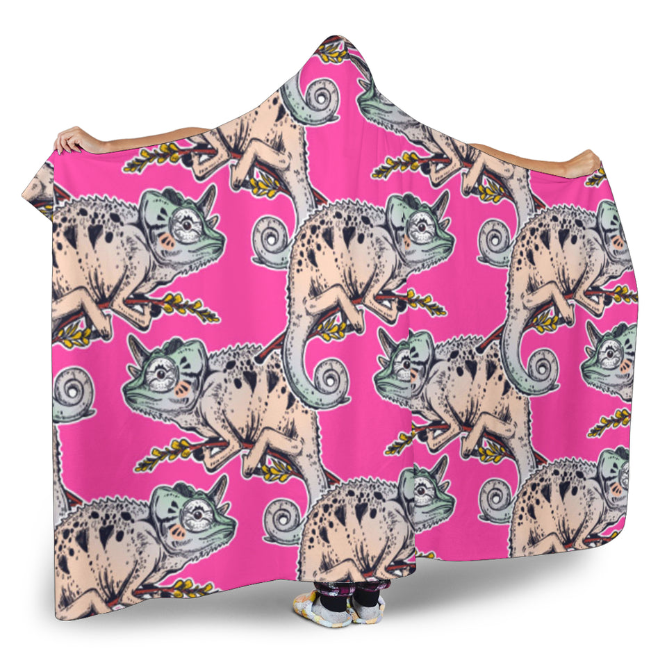Chameleon Lizard Pattern Pink Background Hooded Blanket