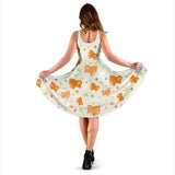 Cute Brown Pomeranian Paw Leave Bone Pattern Sleeveless Midi Dress