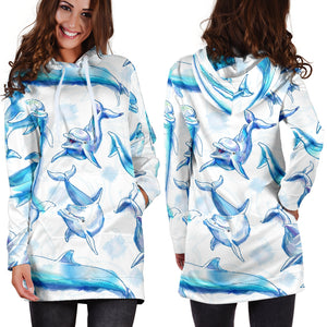 Watercolor Dolphin Pattern Women'S Hoodie Dress