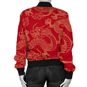 Gold Dragons Red Background Women'S Bomber Jacket