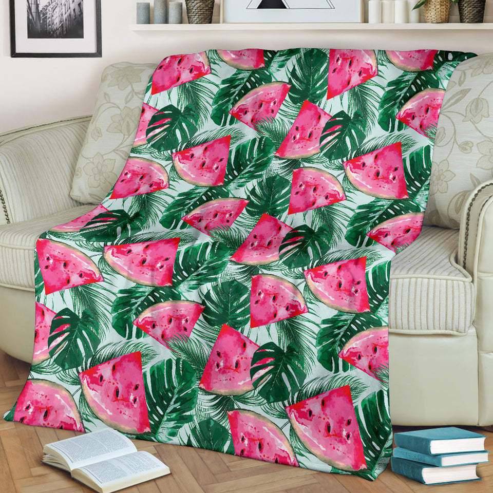 Watermelons Tropical Palm Leaves Pattern Premium Blanket