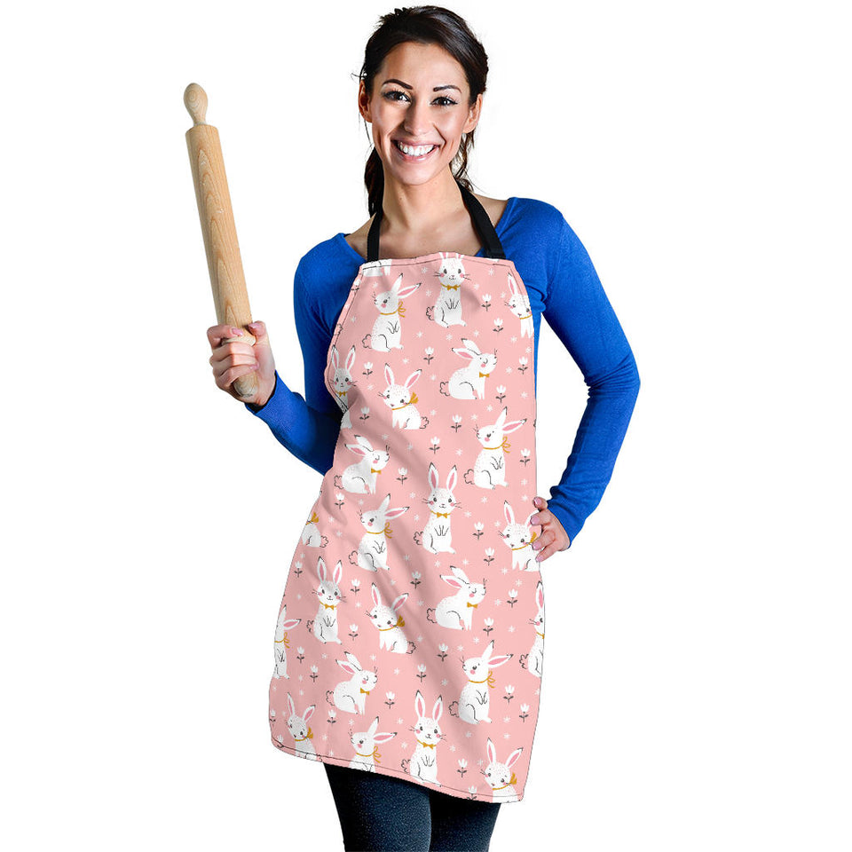 Cute White Rabbit Flower Pink Background Adjustable Apron