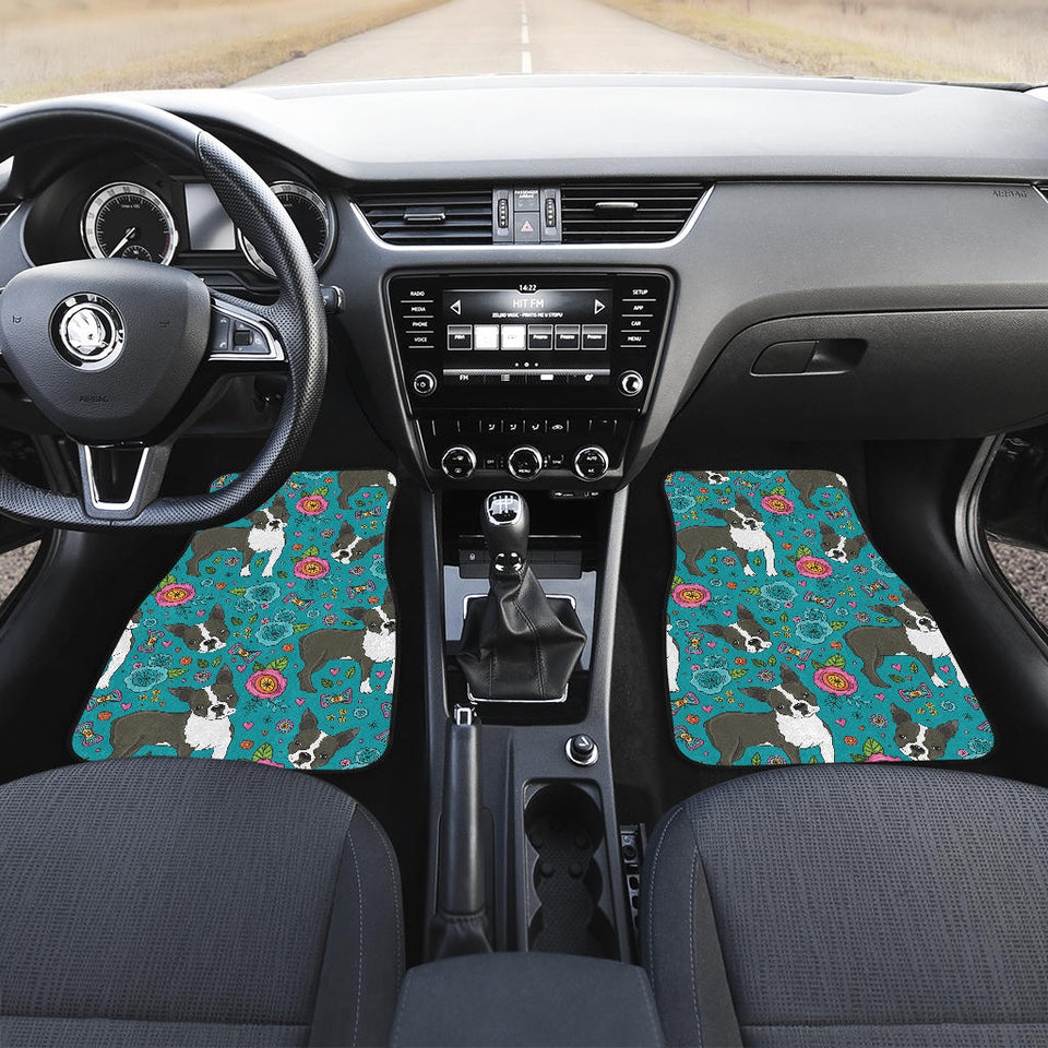 Boston Terrier Beautiful Flower Pattern Front And Back Car Mats