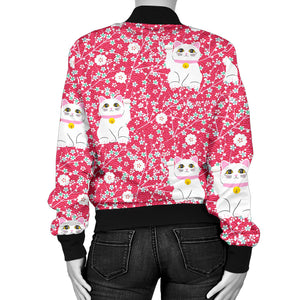 Maneki Neko Lucky Cat Sakura Pink Background Women'S Bomber Jacket